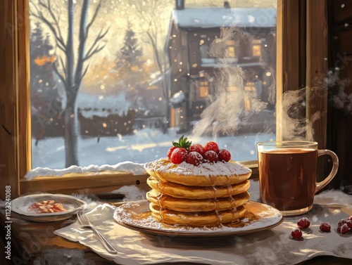 A cozy breakfast scene with pancakes and steaming hot chocolate. photo