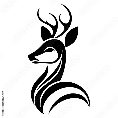 Minimalist black and white roe deer silhouette created with clean lines, abstract design on plain background, perfect for modern minimalist art style