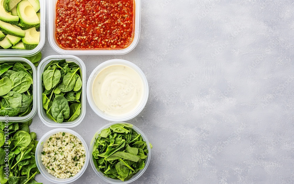 Obraz premium A colorful array of fresh ingredients including sauces, greens, and vegetables, arranged neatly in containers on a light background.