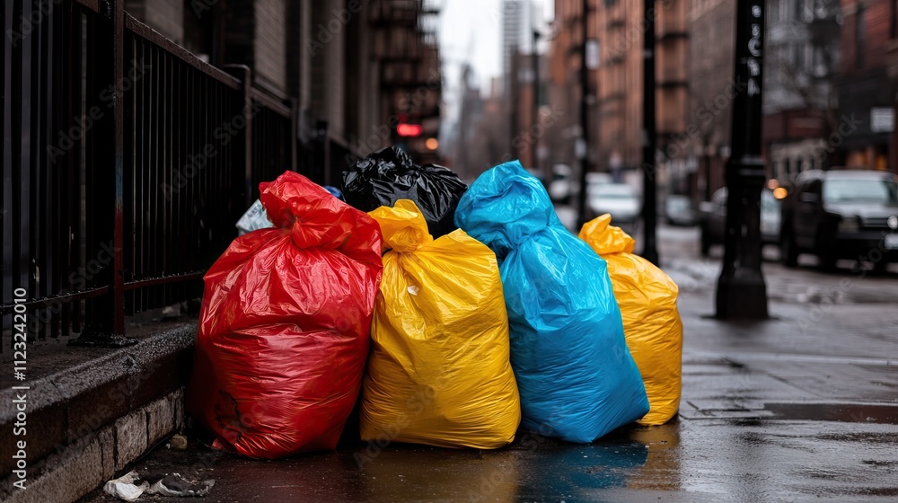 Obraz premium Colorful trash bags line a city sidewalk, showcasing a mix of red, yellow, and blue, set against an urban backdrop.