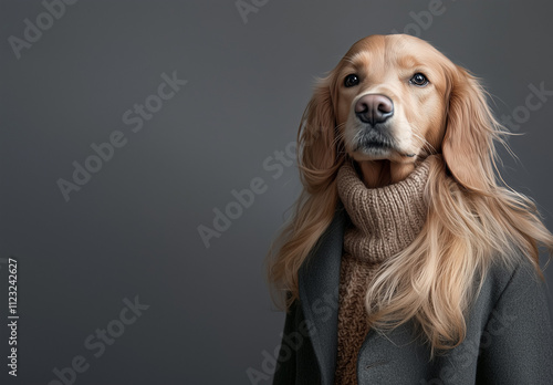 Stylish Anthropomorphic Dog in Elegant Coat and Sweater Portrait photo