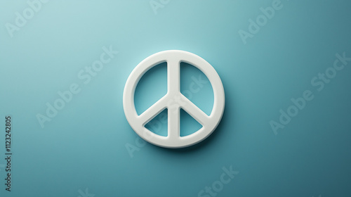 Minimalistic three-dimensional peace symbol on teal with copy space
