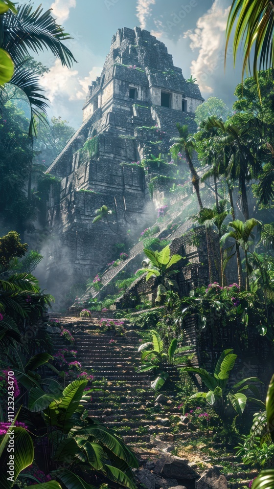 Obraz premium Mystical jungle shrouded ancient temple ruins hidden deep within the dense lush vegetation of a remote untamed wilderness This forgotten remnant of a long lost civilization waits to be rediscovered