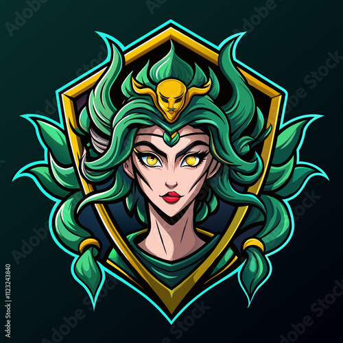 Medusa esports logo featuring an intricate shield design with mythical elements and vibrant colors