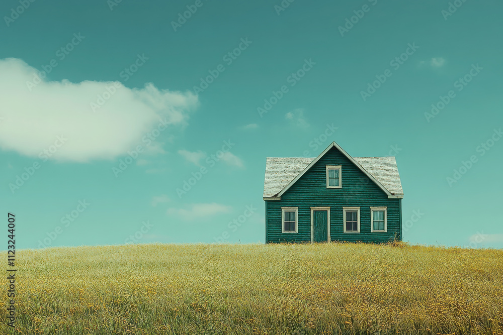 Obraz premium A solitary blue house on a grassy hill under a clear sky.