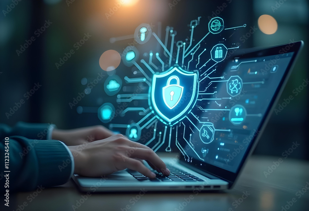 Digital security concept with laptop and shield icon Digital security concept with laptop and shield icon