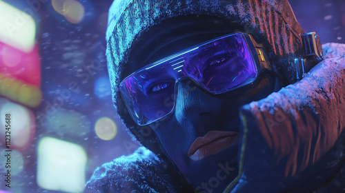 Close-up of a futuristic individual wearing reflective goggles and winter attire in a neon-lit snowy urban environment photo