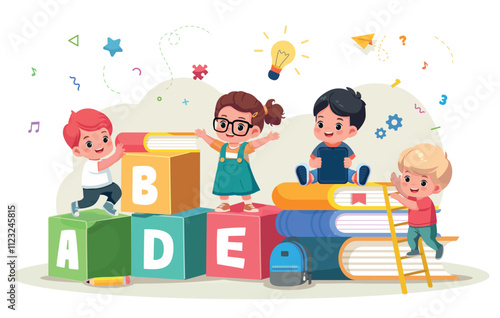 Happy kids study together early development and kids education banner