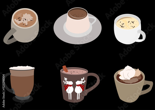 hot chocolate drink set, The illustration also includes elements such as cinnamon, glass cups, and decorative Christmas accents, which add to its appeal.