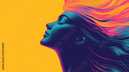 Colorful digital artwork of a woman’s face with flowing hair on a vibrant yellow background