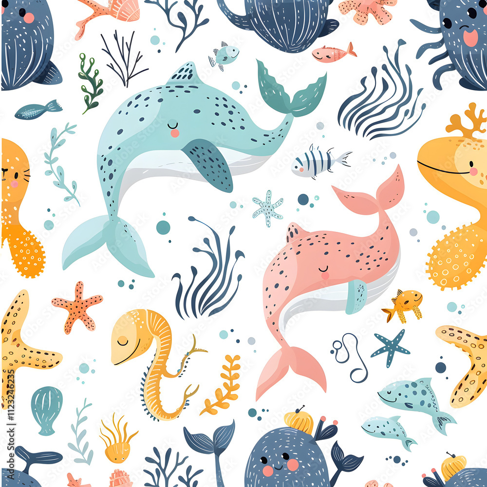Fototapeta premium Pattern featuring cute marine animals like dolphins, fish, and seaweed. Colorful and whimsical. White background. Concept of ocean life