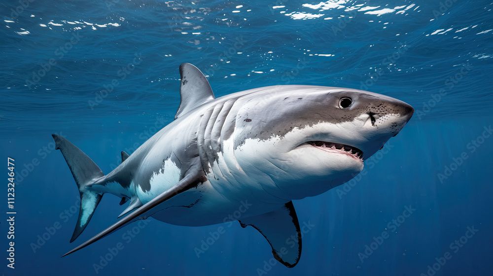 Fototapeta premium Majestic Great White Shark Swimming in Deep Blue Ocean, Streamlined Body and Sharp Teeth Visible, Sunlight Filtering Through Water Creating Shimmering Effect, Close to Surface with Frontal View