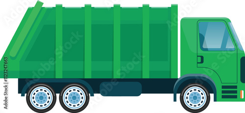 Green garbage truck collecting waste and transporting it to a landfill or recycling center, promoting environmental sustainability and urban cleanliness