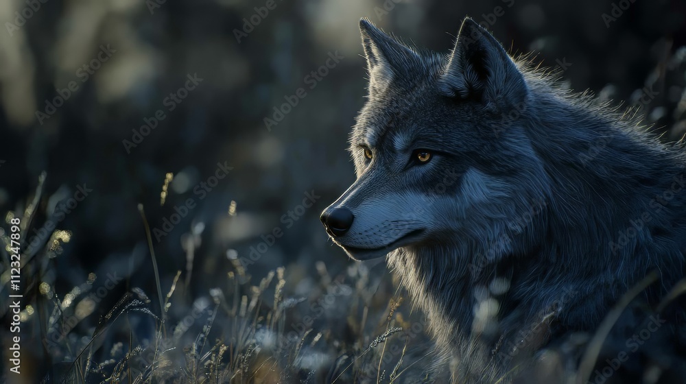 Naklejka premium Grey wolf portrait. predator concept. wolf wallpaper. Ultra realistic. Photorealistic hypermaximalist hyper realistic fine detail