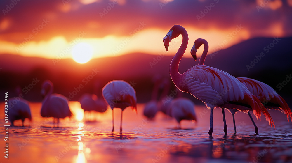 Fototapeta premium Flamingos wading in water during a vibrant sunset
