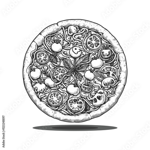 Hand drawn line art pizza illustration