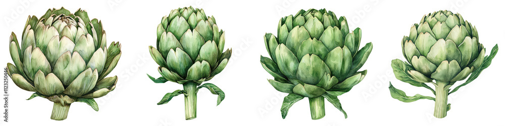 Obraz premium Close up of fresh green artichoke vegetables on white background Healthy organic ingredients for cooking nutrition or recipe design