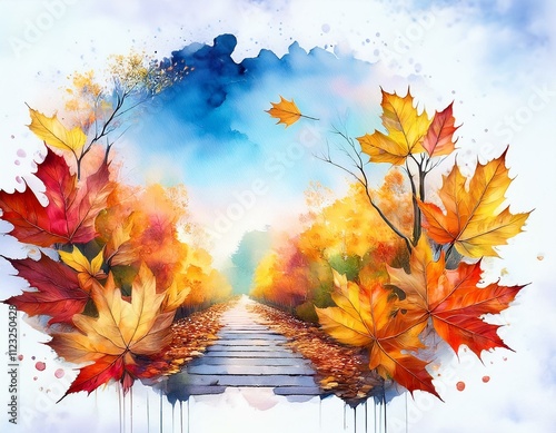 Autumn landscape and flying leaves that looks like a watercolor photo