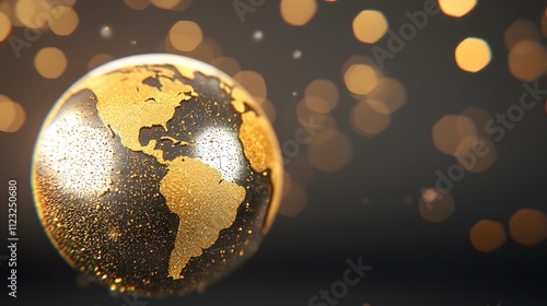 A glowing golden globe featuring intricate continents, set against a dark background with shimmering bokeh lights, symbolizing luxury and global unity.