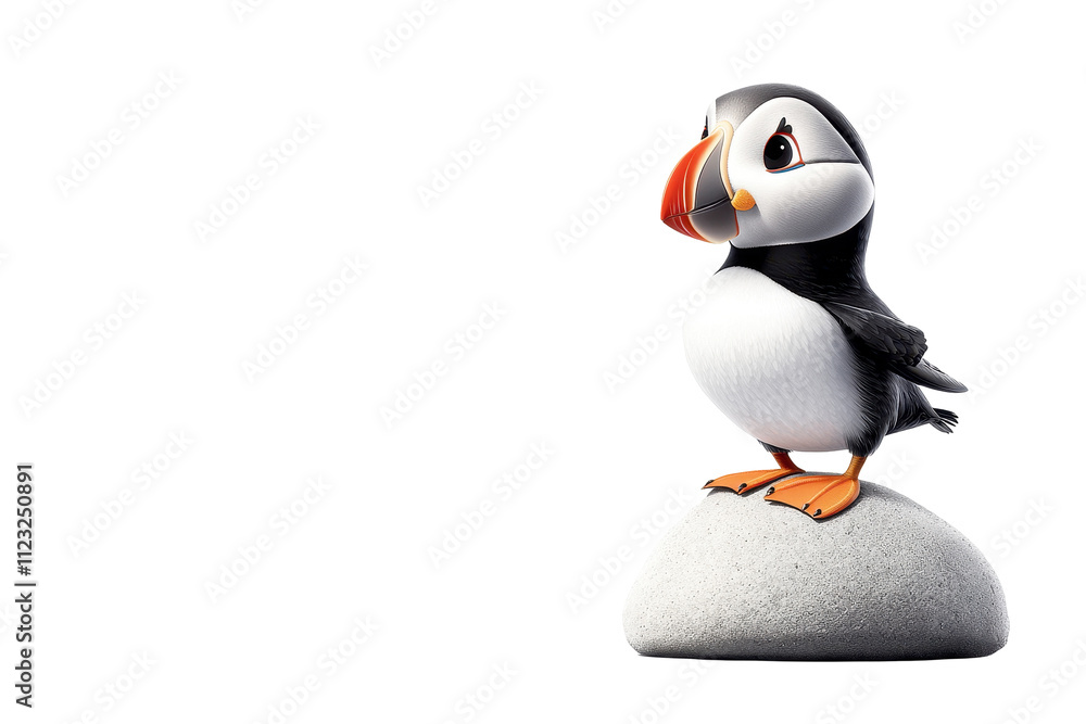 Fototapeta premium A charming puffin perched on a rock, showcasing its colorful beak and lively personality. transparent background.