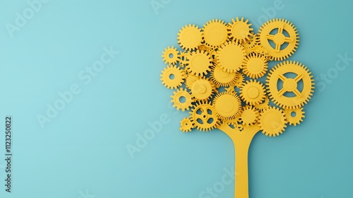 A creative tree made of yellow gears on a blue background, symbolizing innovation, teamwork, growth, and mechanical ingenuity.