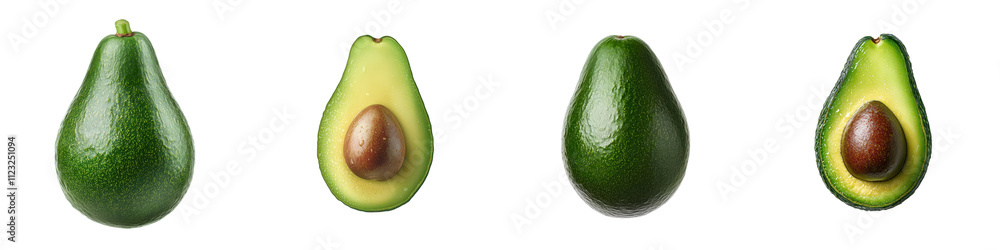 Assorted fresh avocado halves and slices on a plain white background Avocado is a nutritious fruit packed with healthy fats fiber vitamins and minerals Assorted fresh avocado halves and slices on a plain white background Avocado is a nutritious fruit packed with healthy fats fiber vitamins and minerals