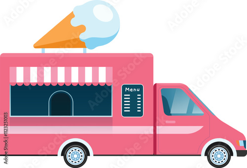 Vibrant pink ice cream food truck featuring a menu and a large ice cream cone atop its roof, inviting customers to indulge in sweet treats on a sunny day