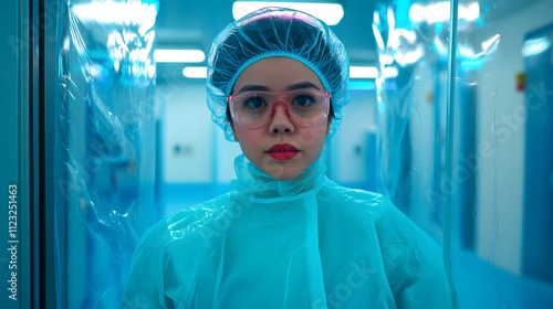 Portrait of a healthcare professional in protective gear, including gown, gloves, and goggles, standing in a sterile medical facility.