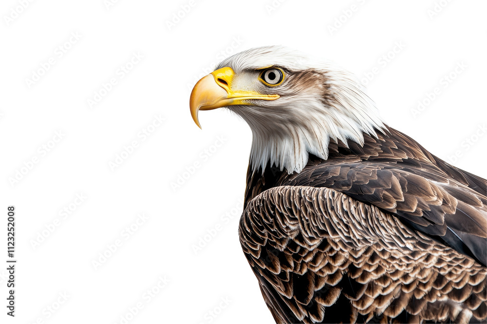 Obraz premium A stunning close-up of a majestic bald eagle, showcasing its fierce gaze and beautiful feathers. transparent background.