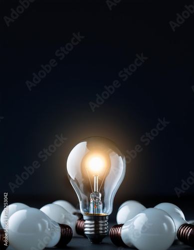 One of Lightbulb glowing among shutdown light bulb in dark area with copy space for creative photo