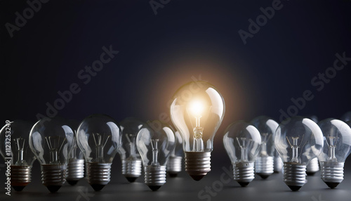 One of Lightbulb glowing among shutdown light bulb in dark area with copy space for creative photo