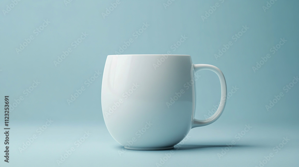 Obraz premium Front view of a white ceramic mug, showcasing its smooth texture and minimalist design, perfect for product presentations or mockups