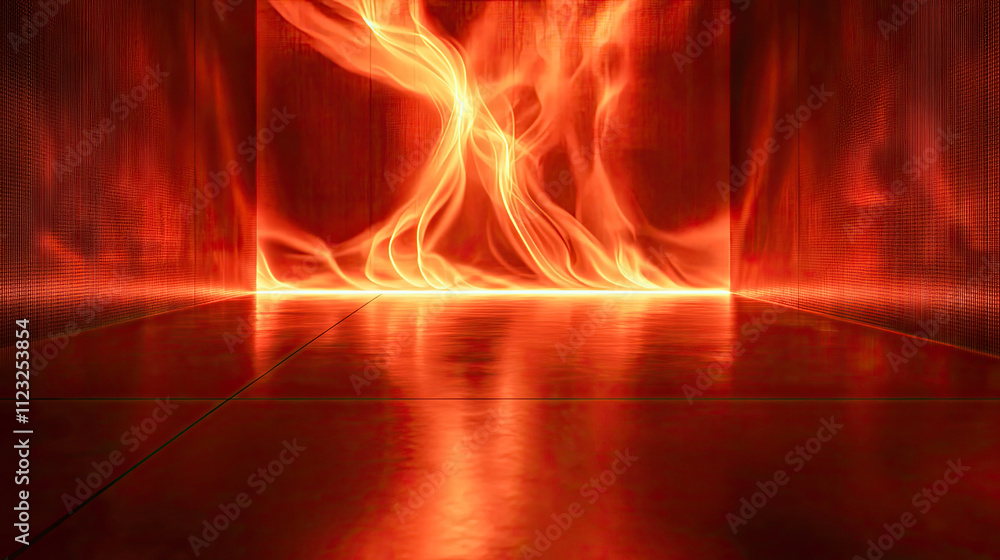 Fototapeta premium Fiery abstract art installation with glowing red patterns and reflective surfaces in a darkened space. Generative AI