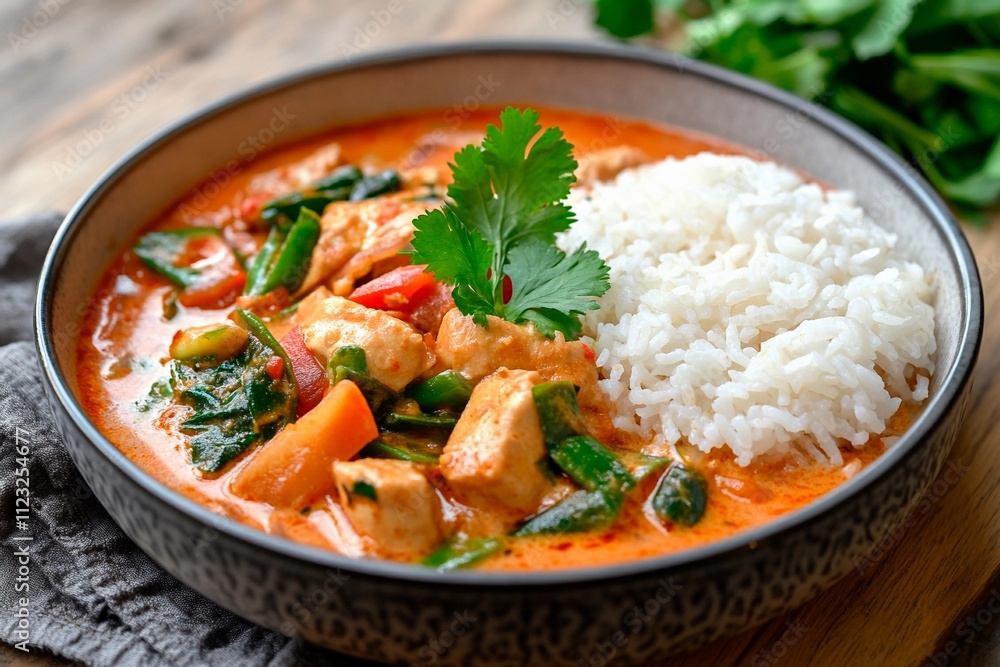 Spicy chicken curry served with rice adorned with fresh cilantro and vibrant vegetables