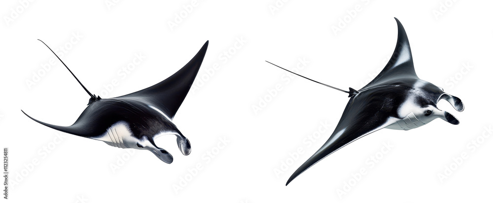 Fototapeta premium Two elegant manta rays gliding gracefully through the ocean waters. transparent background.