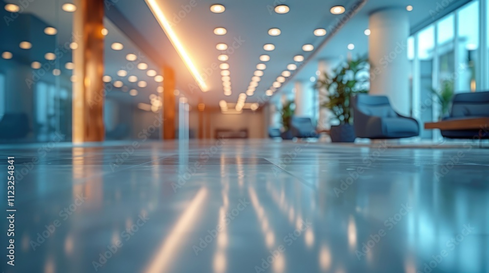 Fototapeta premium Modern office lobby with polished floor, seating, and bright lighting.