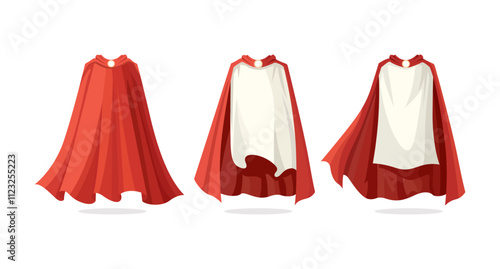 Three red capes are shown one completely red another with white lining and one flowing.