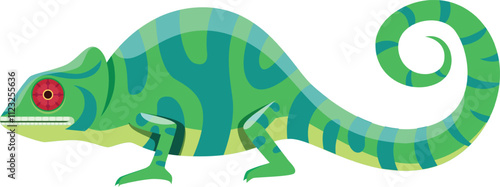 Green and turquoise chameleon walking slowly with its characteristic curled tail, displaying vibrant colors and unique eyes, embodies the beauty of exotic wildlife and nature