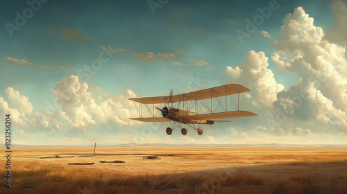 A minimalist depiction of the Wright Flyer on a sandy field, surrounded by faint tire tracks and tools, with a muted sky and soft natural lighting