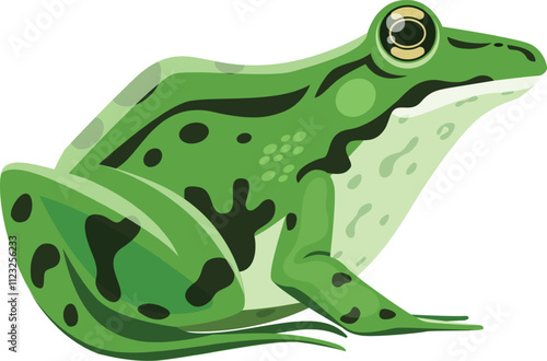 Green frog with dark spots sitting and looking up curiously, simple cartoon illustration of an amphibian animal, isolated image on white background