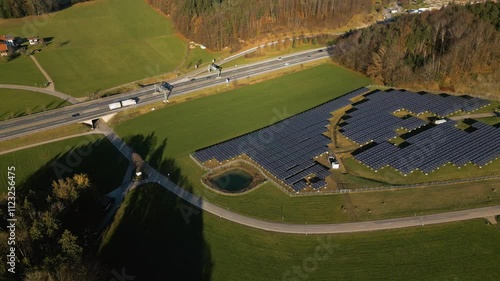 Aerial View to Photovoltaic system, near Bergen, Bavaria, Germany, Autumn,