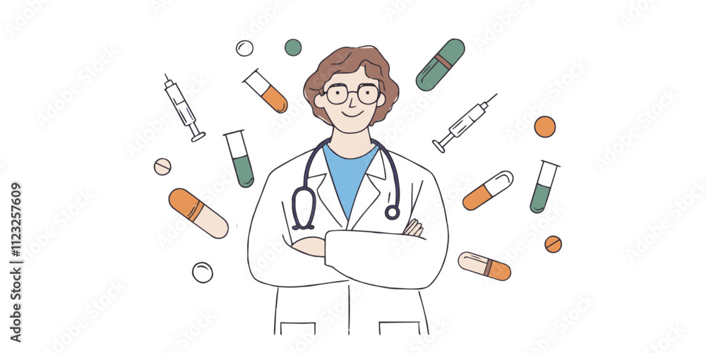 Doctor Dramatic Drawing Line drawing doctor standing with arms crossed. Tablets pills syringes ...