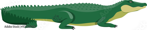 Large, scaly green crocodile resting in profile, showcasing its spiky tail and powerful legs, emphasizing the creature s formidable presence in a captivating illustration