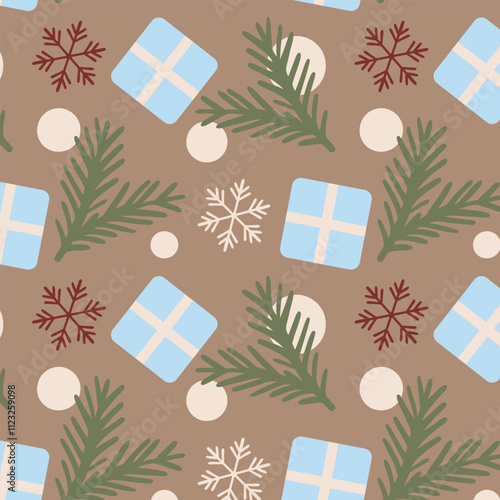 Seamless festive pattern. Branches, snowflakes, gift boxes, and decorative elements in trendy Mocha Mousse and complementary colors. For holiday packaging, textiles, wrapping paper, branding, and seas