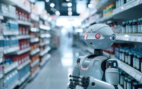 Futuristic pharmacist robot working in drugstore. Future of modern automated public health service industry. Robotic AI pharmacy assistant, smart helper, intelligent companion bot. Automation concept photo