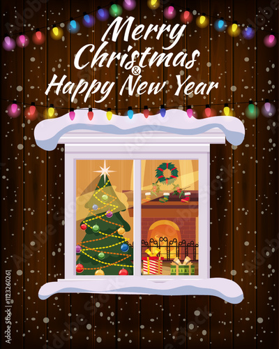Chrismas window, night, decoraions garland retro, living room christmas tree. Xmas and new Year holiday celebration. Vector illustration flat cartoon style