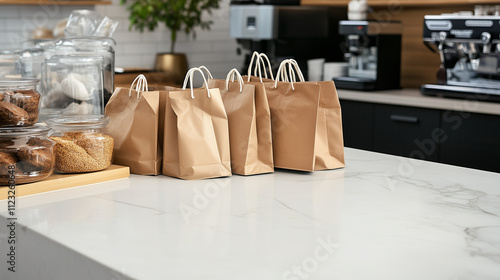 Shopping bags neatly arranged on a sleek counter, symbolizing the balance between consumerism and organization in modern retail environments