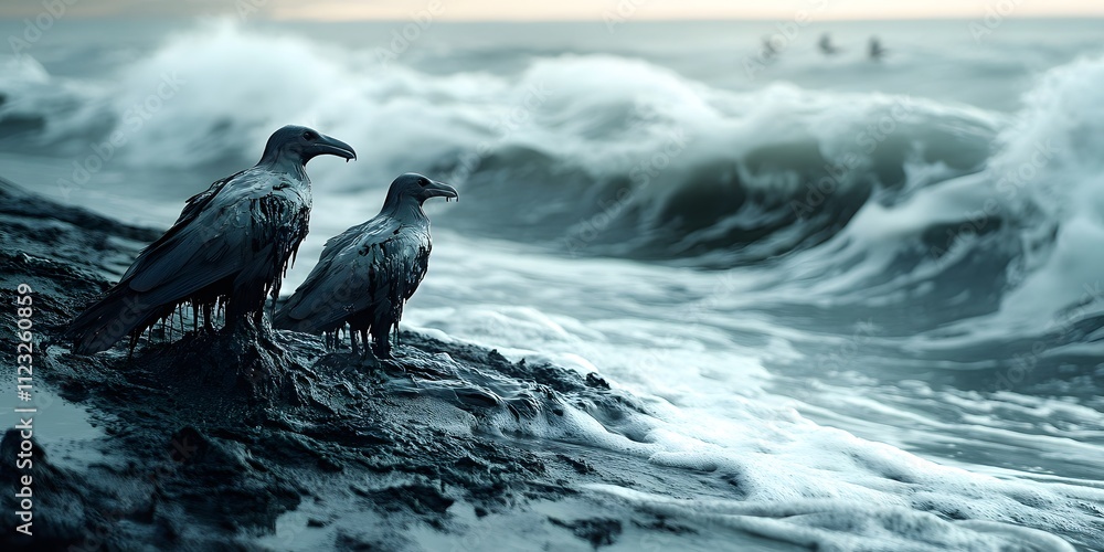 Fototapeta premium Oil-contaminated beaches, with black sand, oil spills and oil-covered seabirds, look pitiful in this impactful image that highlights marine pollution and the urgent need for conservation.