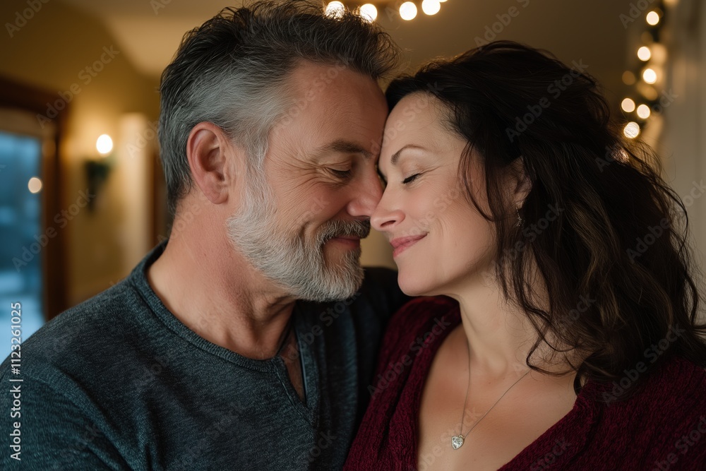 Naklejka premium A man and woman are hugging each other in a room. The man has a beard and gray hair, and the woman has dark hair. They are both smiling and seem to be enjoying each other's company