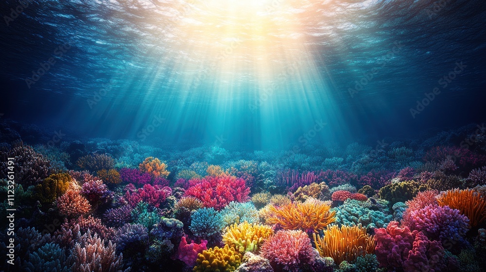 custom made wallpaper toronto digitalVibrant underwater coral reef scene with sunlight beams penetrating the water.